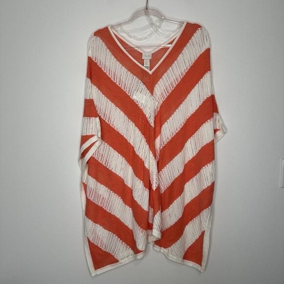 Chicos Fall Knit Poncho Striped OS Orange White Open Knit - Picture 1 of 10